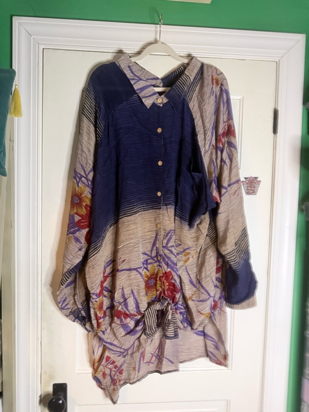 Kantha Bae Boho Silk Button-Up Tunic Top in Navy and Beige with Floral Print